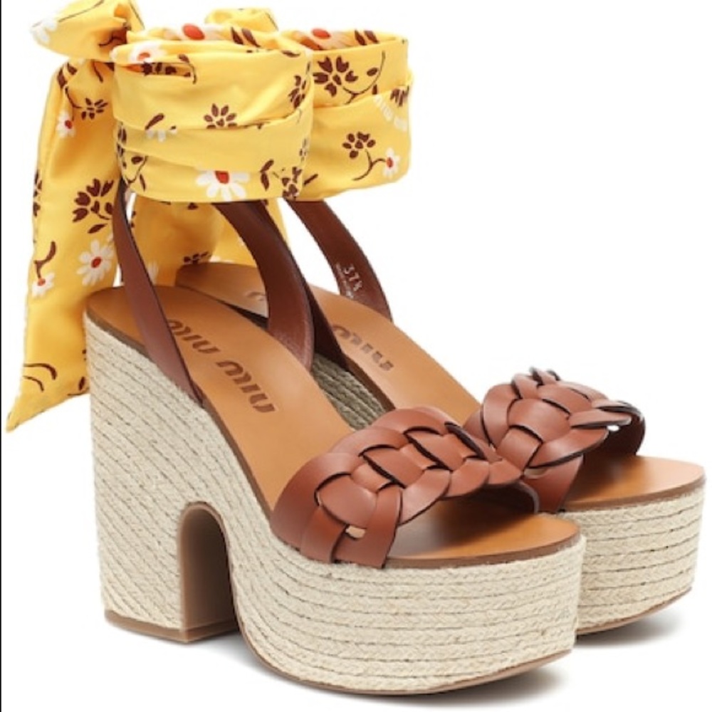 Miu Miu Floral Scarf Ankle Tie Leather platform